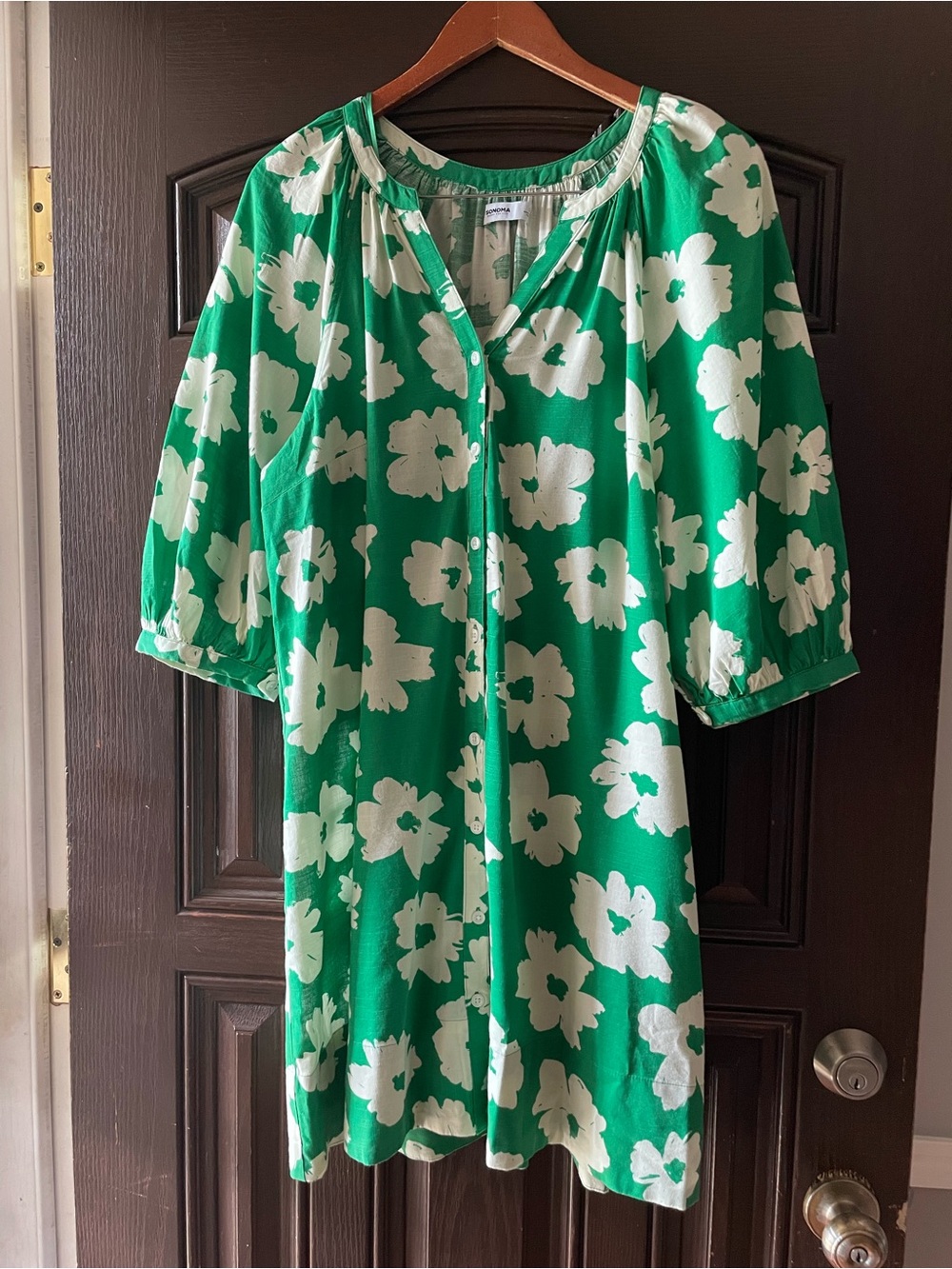 Sonoma Green White Floral Button Front Dress Size Large